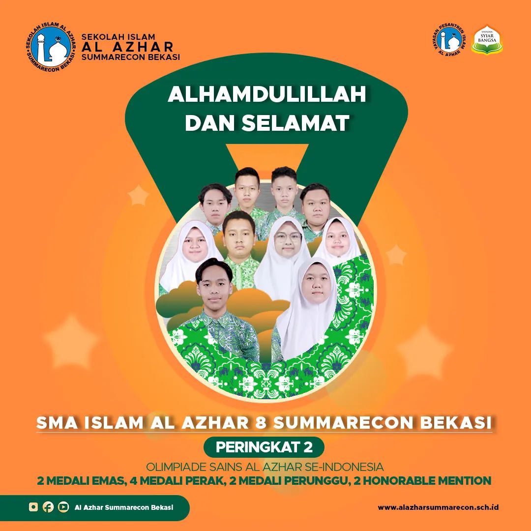 SMA Islam Al Azhar 8 Summarecon Bekasi meraih peringkat ke 2 dalam kompetisi Olimpiade Sains Al Azhar (OSA) ke-XIV bersama Yayasan Pesantren Islam @ypi_alazhar.